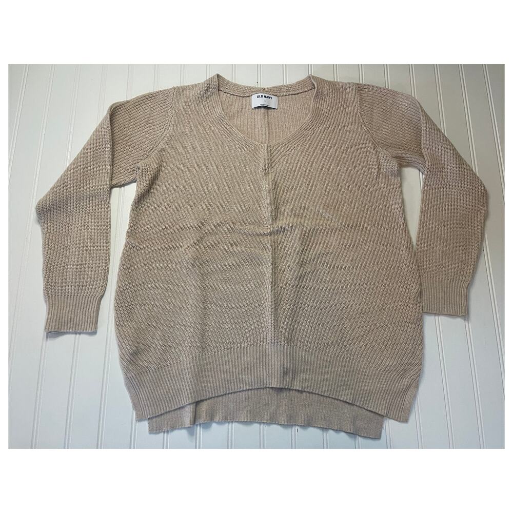 Old Navy Taupe Long Sleeve Knit Tunic Sweater V Neckline Size Womens Medium